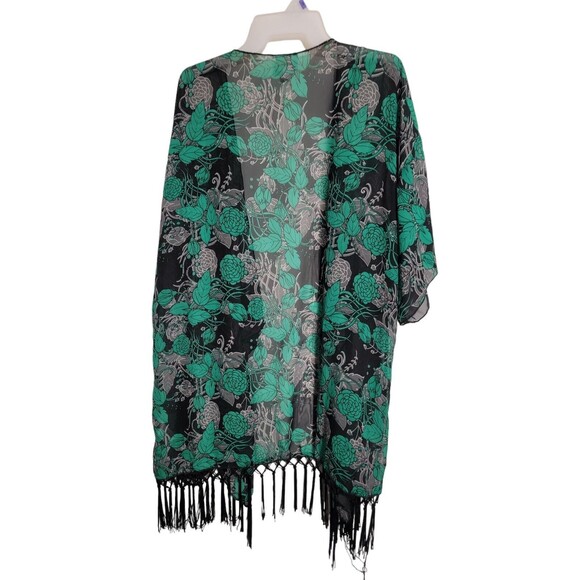 LULAROE Floral Kimono cardigan Cover up Fringe Sheer Green Black Large Light EZ - Picture 1 of 4